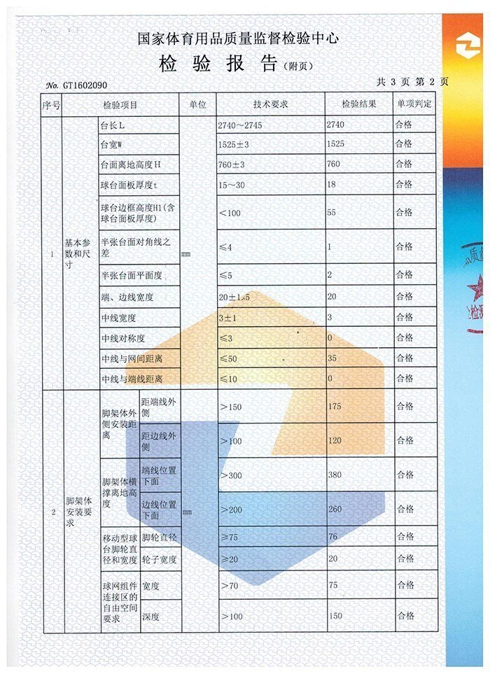 室內(nèi)乒乓球臺檢驗(yàn)報(bào)告